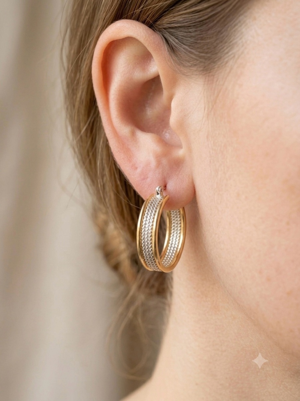 Solutions Two Tone Hoop Earrings | Gold Silver Textured Click Top Hoops